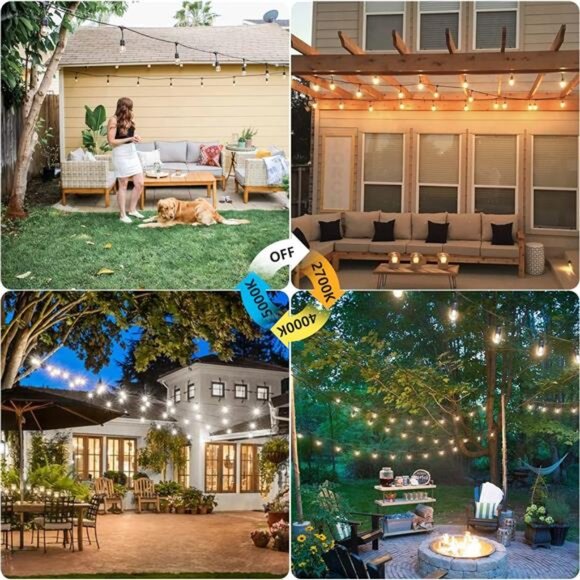 3 Color Outdoor LED Dimmable String Lights for Patio with Remote, Plug in 48FT - Picture 3 of 6